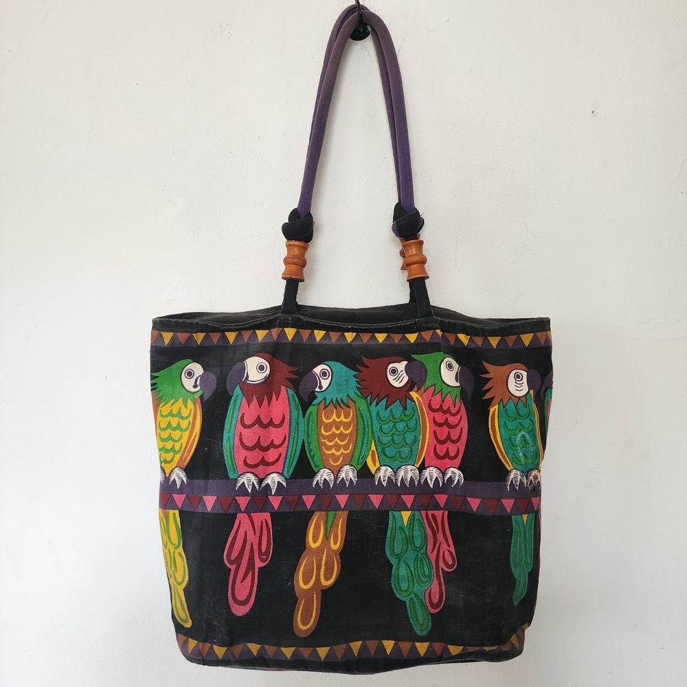 Vintage Sun 'n Sand Large Beach Tote Bag Tropical Parrots Wooden Beads Cotton